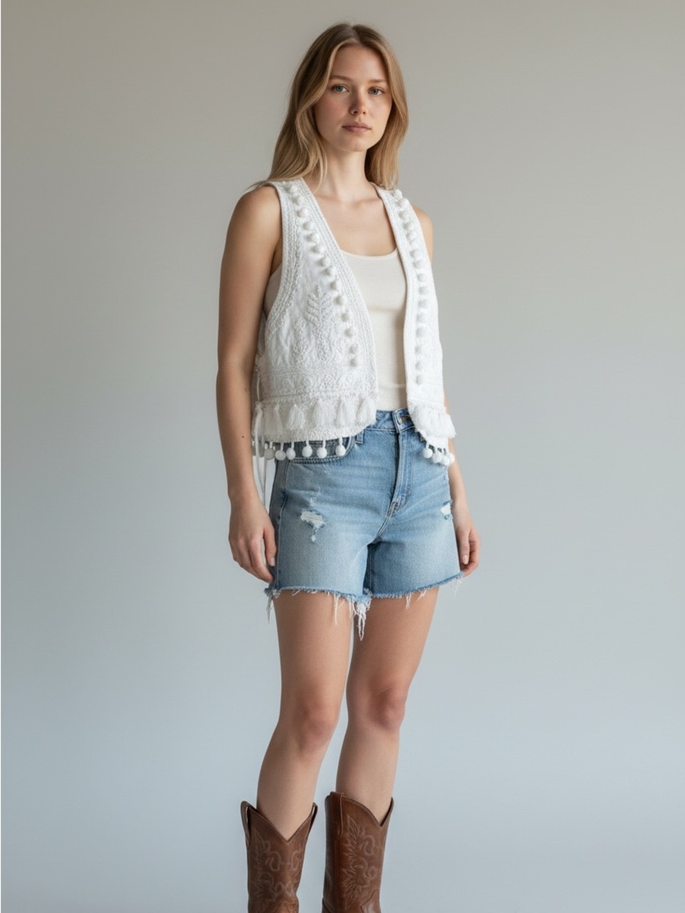 Shyanne Vest White Embroidered Tassel Sz M Pom Pom Boho Western Cropped Cotton